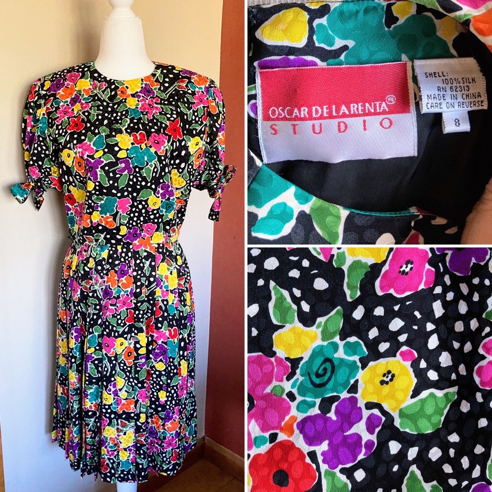 Vintage 80s 90s Silk Oscar de la Renta Designer Colorful Floral Party Dress XS